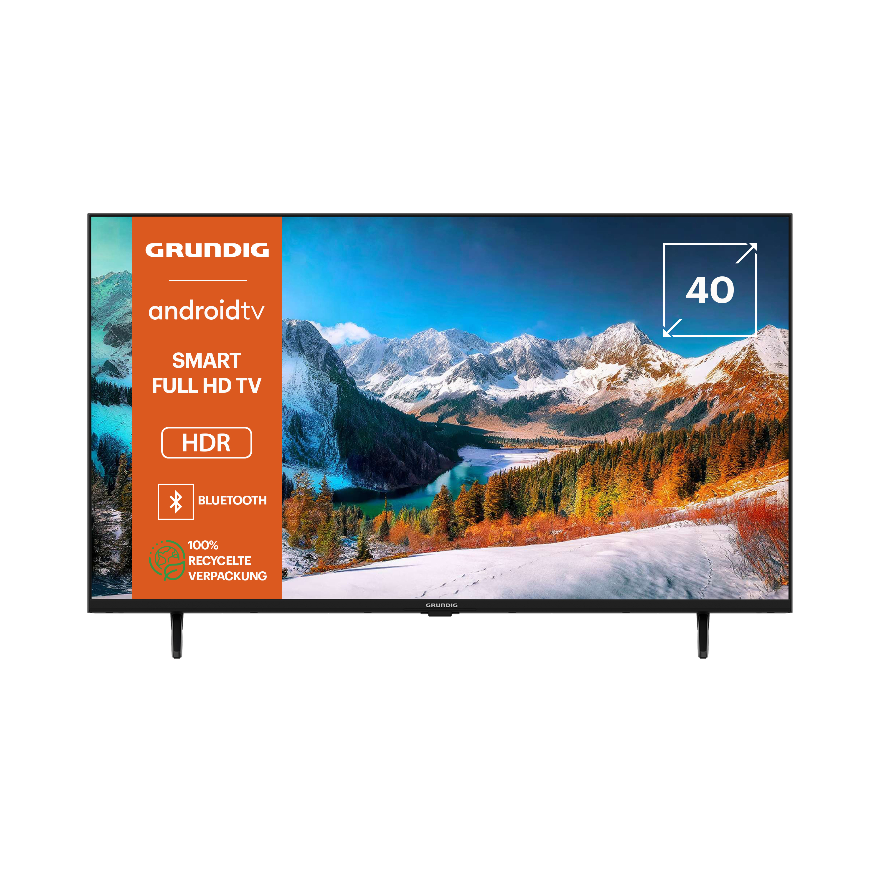 40-Zoll Grundig Android TV, das eine Berglandschaft zeigt.