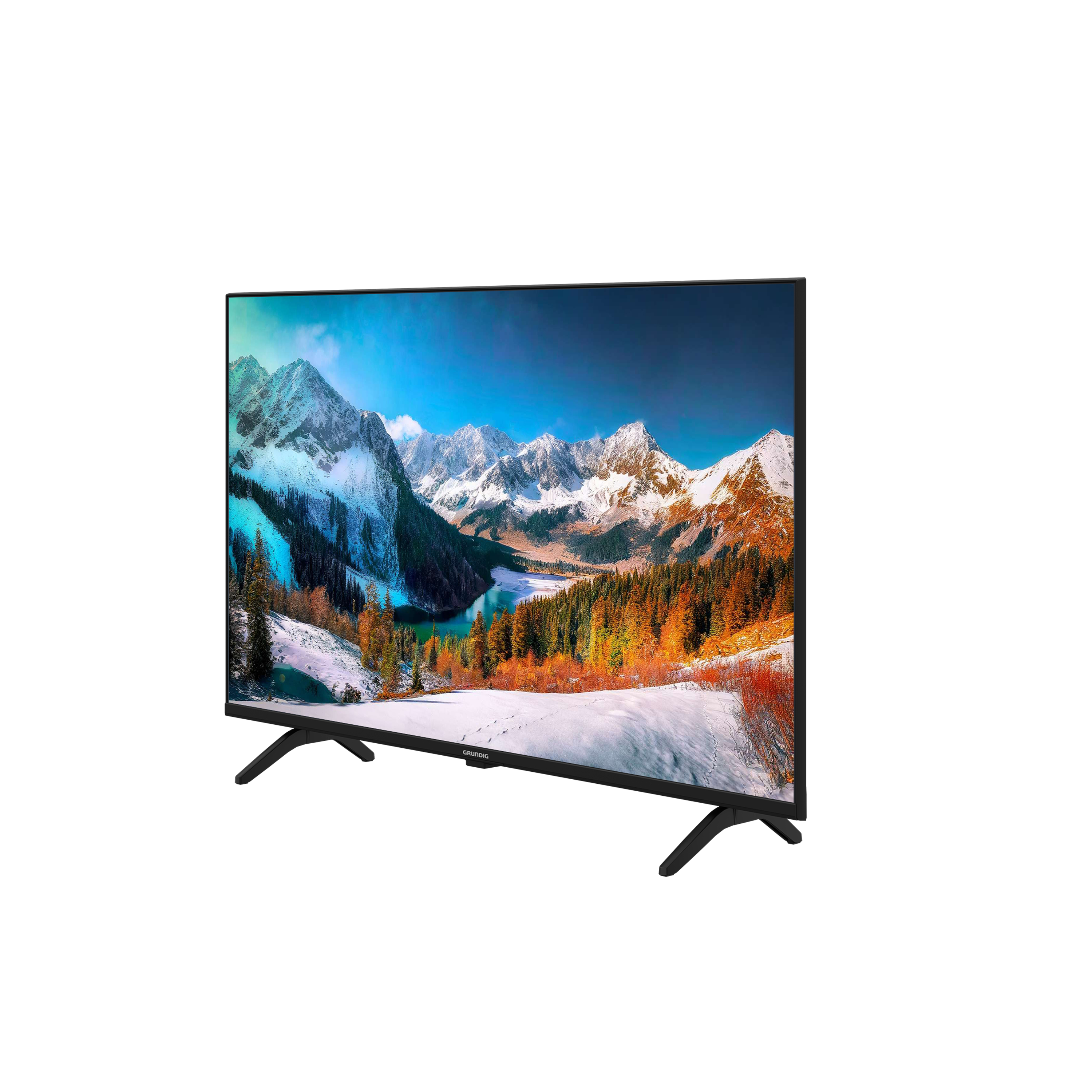 Ein TV-Bildschirm mit einer Landschaftsszene mit schneebedeckten Bergen und Bäumen.