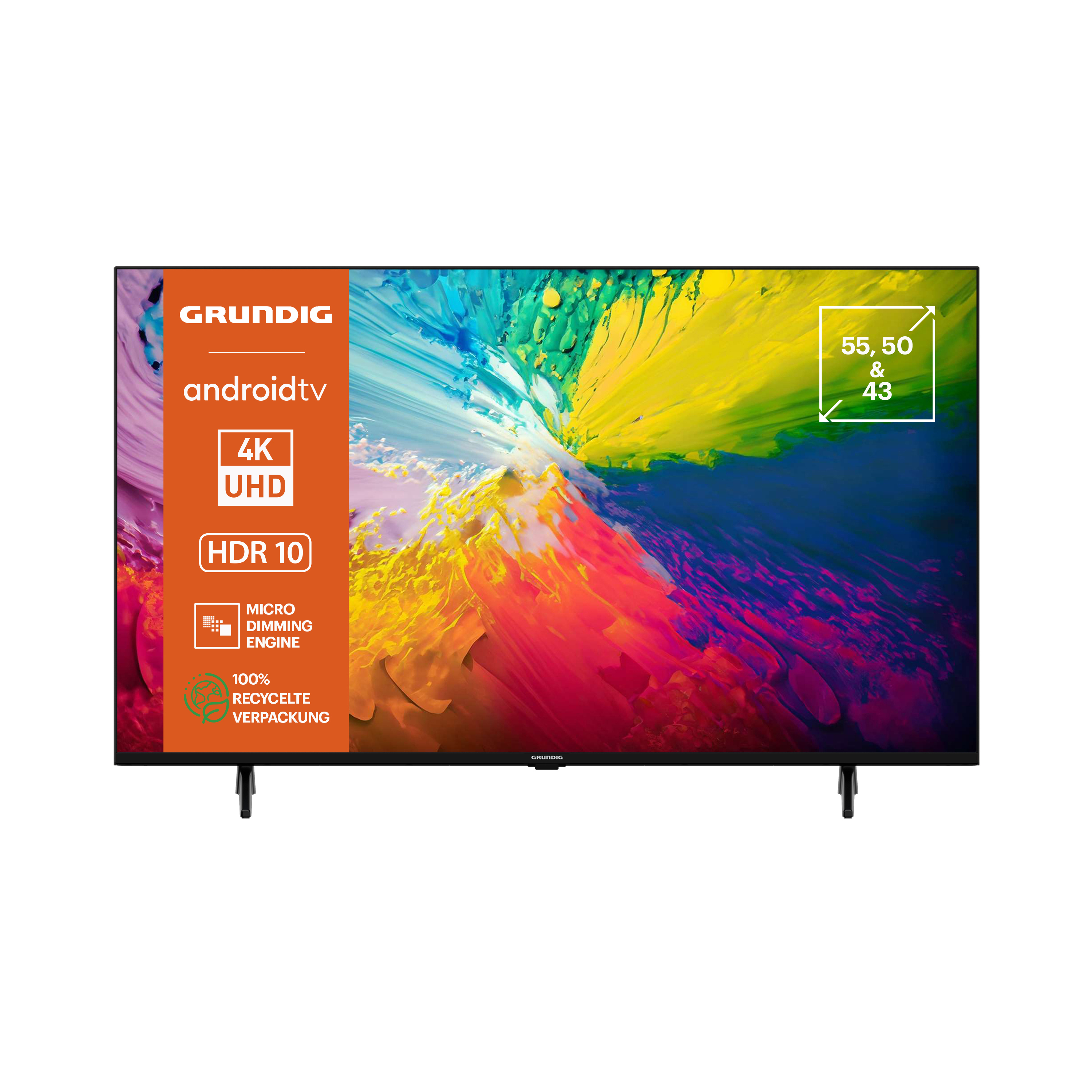 Ein schwarzer Grundig Android TV mit einem farbenfrohen abstrakten Bild auf dem Bildschirm, weißer Hintergrund.