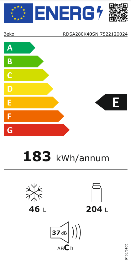 Beko hűtőszekrény energia címkéje, E energiaosztályt és egyéb specifikációkat mutat.