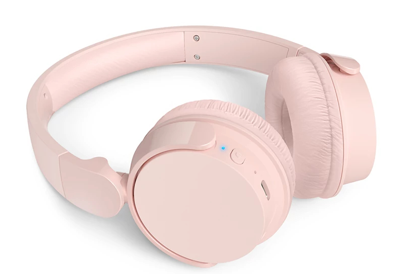 Różowe słuchawki bezprzewodowe. Pokazuje nauszniki, pałąk i przyciski.