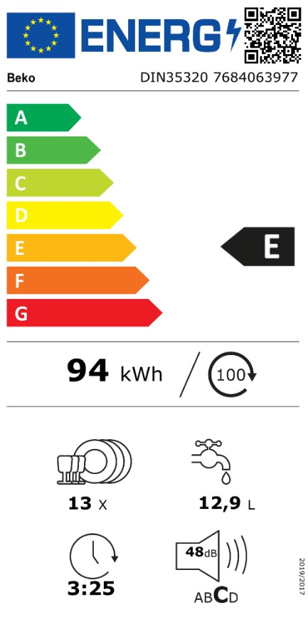 Energia címke. Beko, E besorolású. Megjeleníti az energiafogyasztást, edénykapacitást és vízhasználatot.