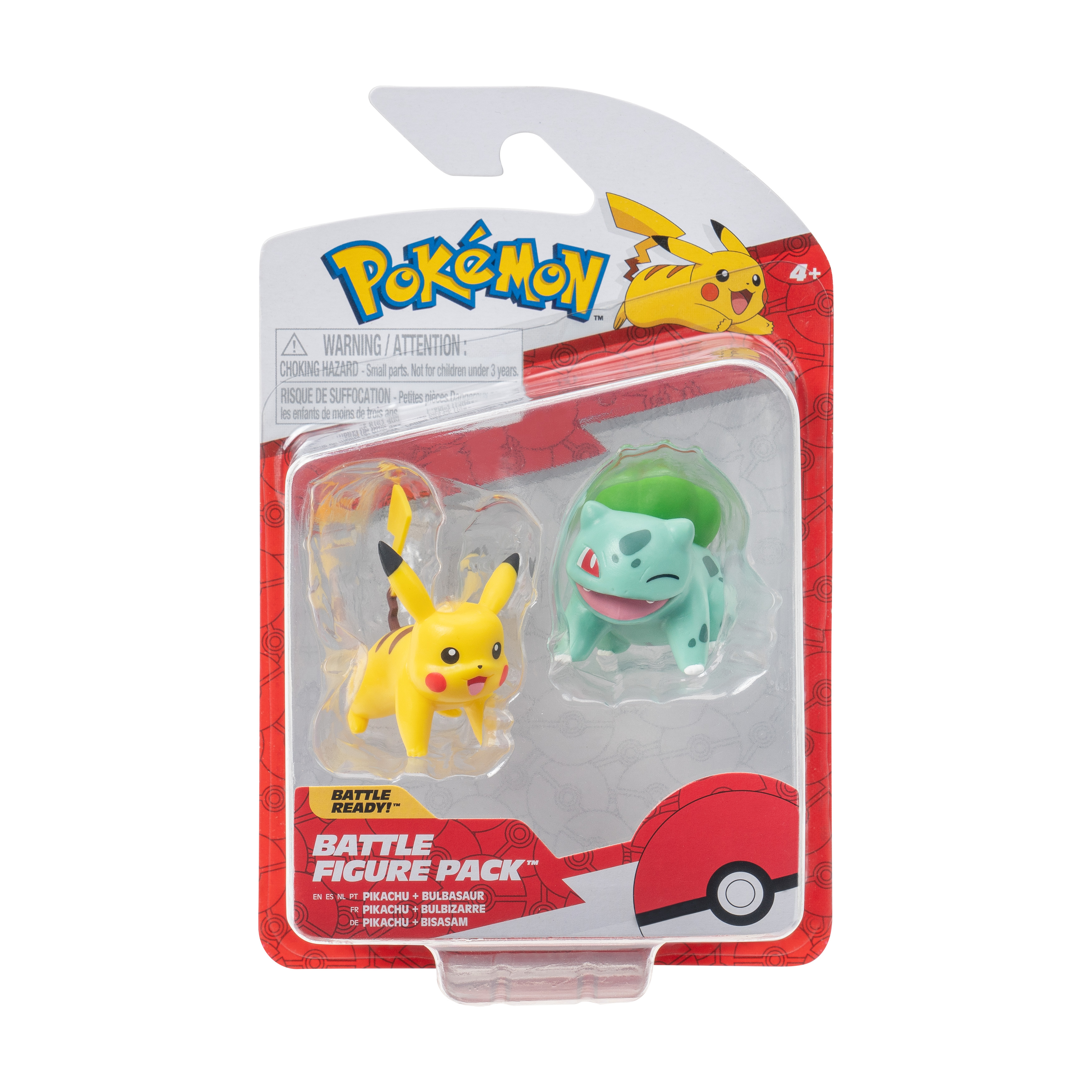 Pokemon-Spielzeugpackung mit Pikachu- und Bulbasaur-Figuren in einer Blisterverpackung.
