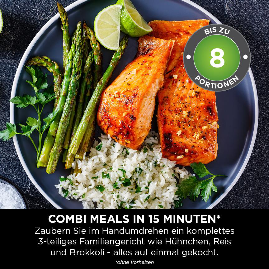Ein Teller mit gegrilltem Lachs, Spargel und Reis. Text: 'Combi-Mahlzeiten in 15 Minuten'.