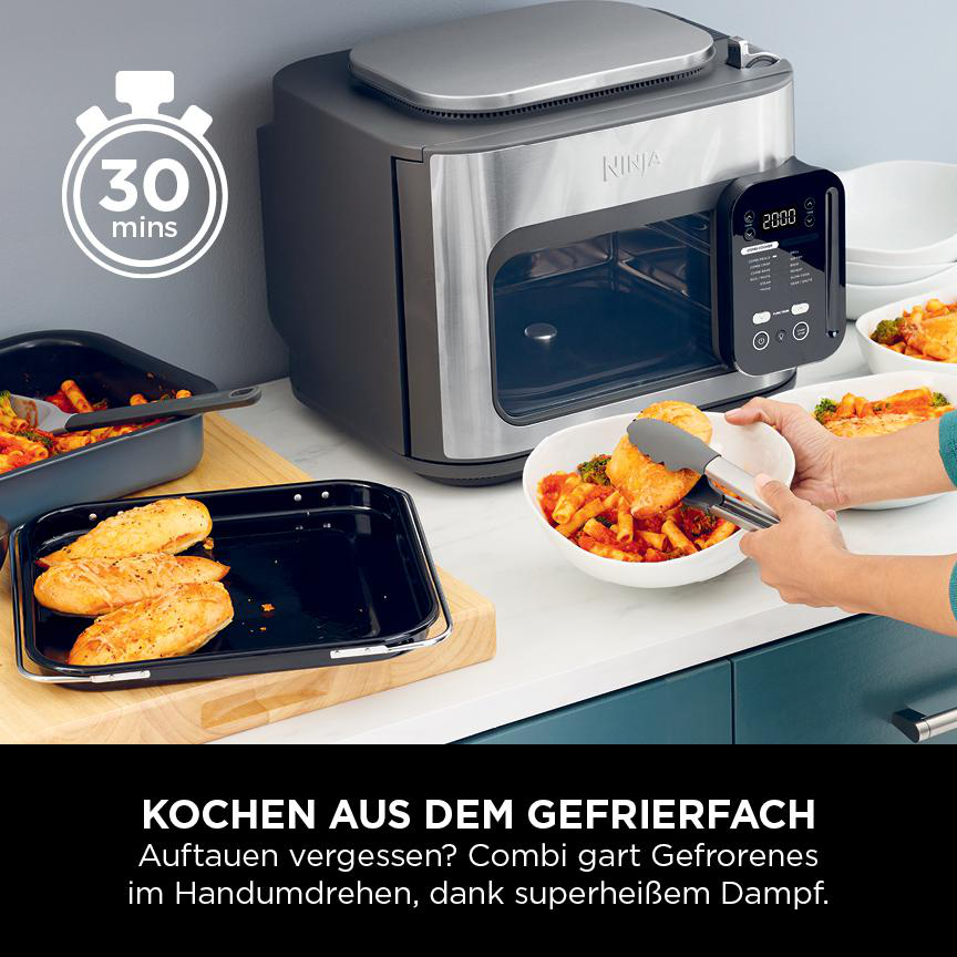 Ein Gerät mit zubereitetem Essen, enthält Text über das Kochen aus gefrorenen in 30 Minuten mit Dampf.