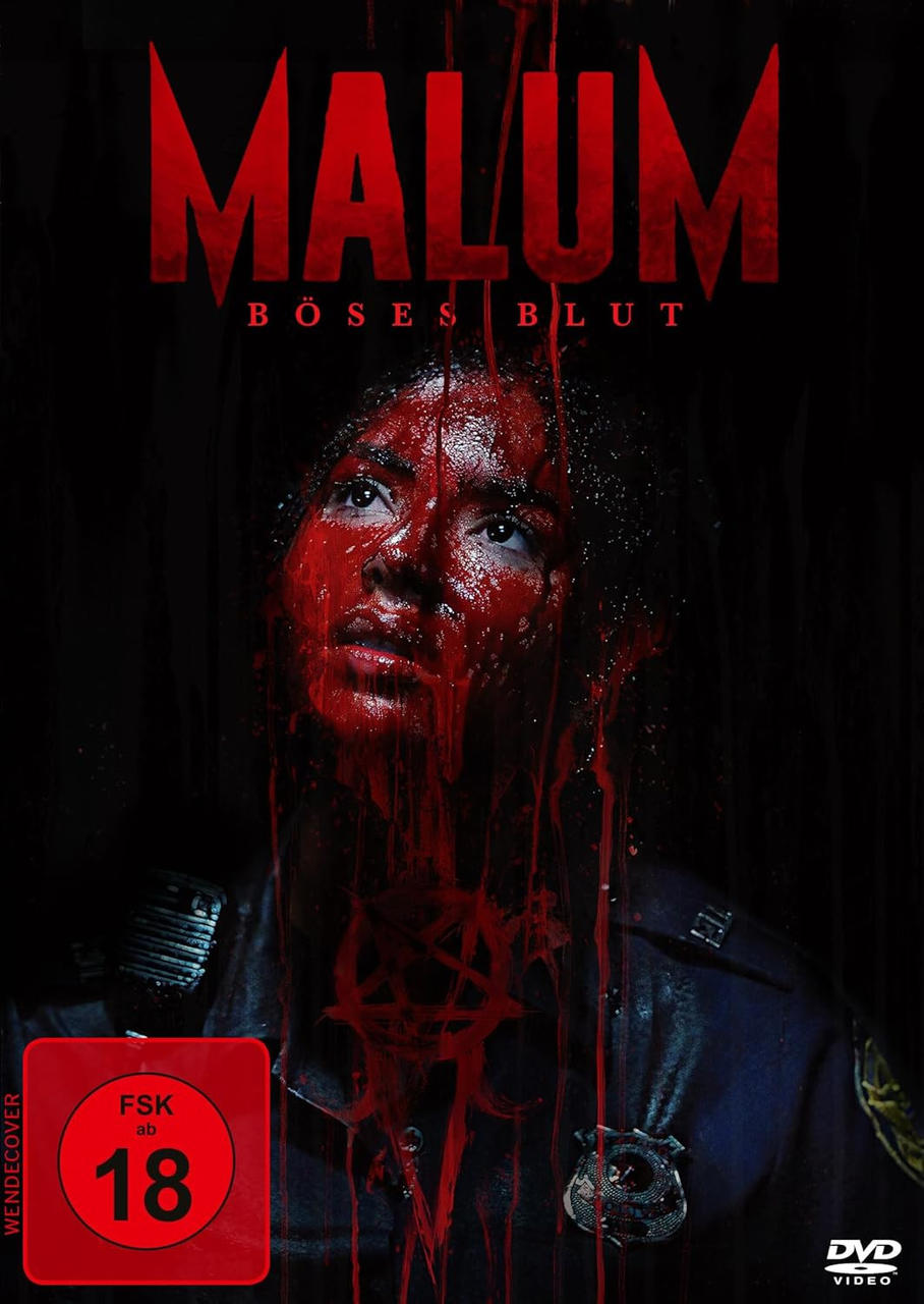 Filmposter für 'MALUM'. Eine Frau mit Blut im Gesicht. Roter Titeltext.