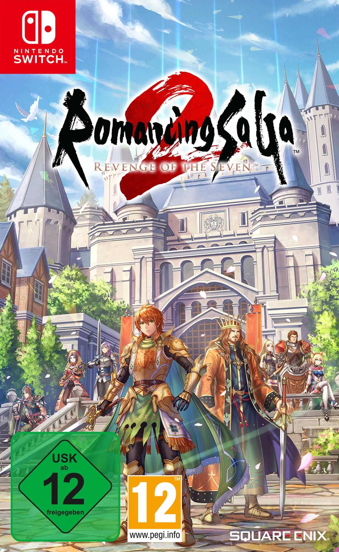 Spielcover für 'Romancing Saga 2' auf Nintendo Switch. Bunte Kunst von Charakteren in einer Burgumgebung.