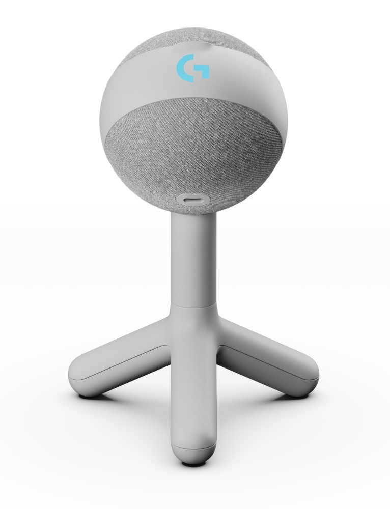 Głośnik Logitech. Szaro-biały design, na statywowym stojaku. Białe tło.