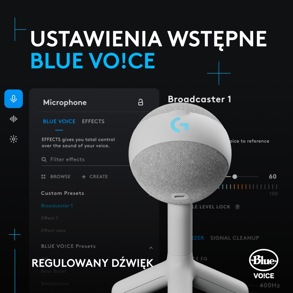 Mikrofon Logitech na statywie. Tekst po polsku. Logo Blue Voice.