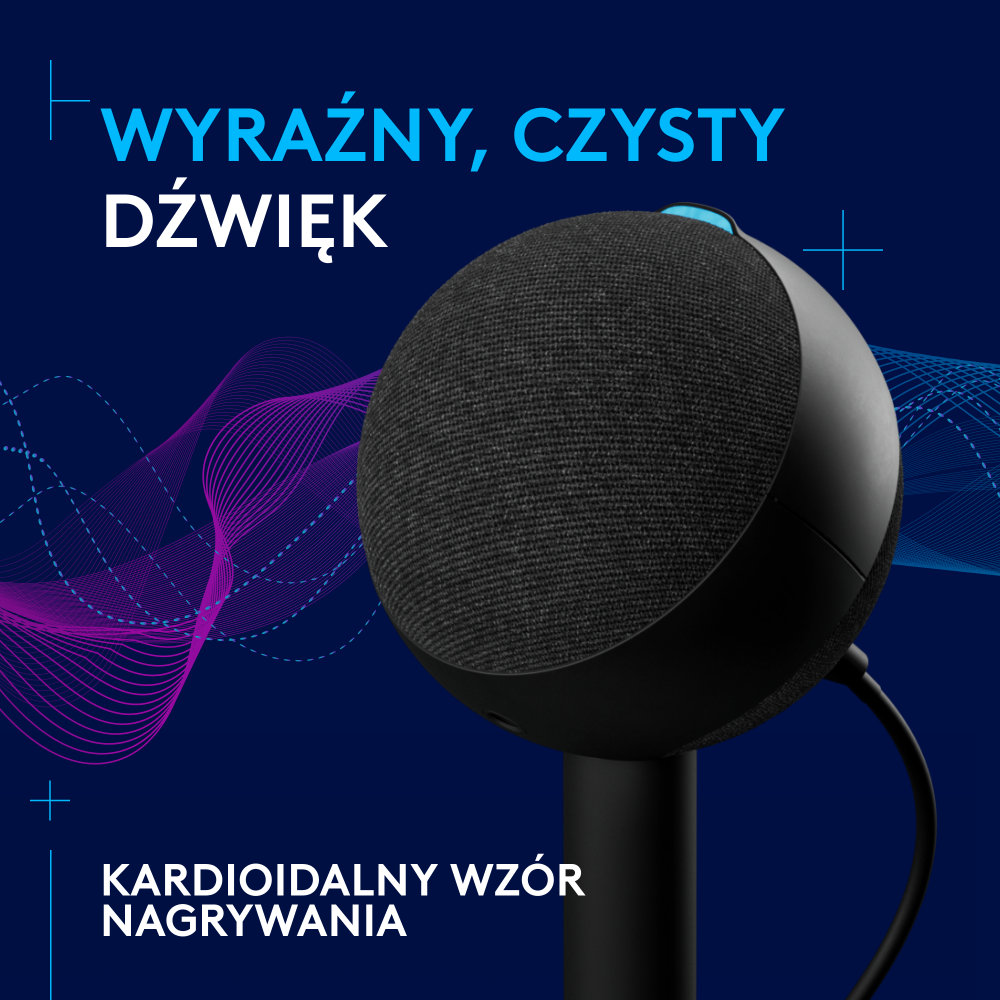 Czarny głośnik na stojaku. Niebieskie tło z tekstem 'Wyraźny, czysty dźwięk' po polsku.