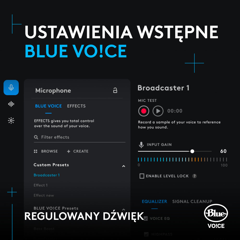 Interfejs ustawień Blue VO!CE z mikrofonem, efektami i kontrolą audio.