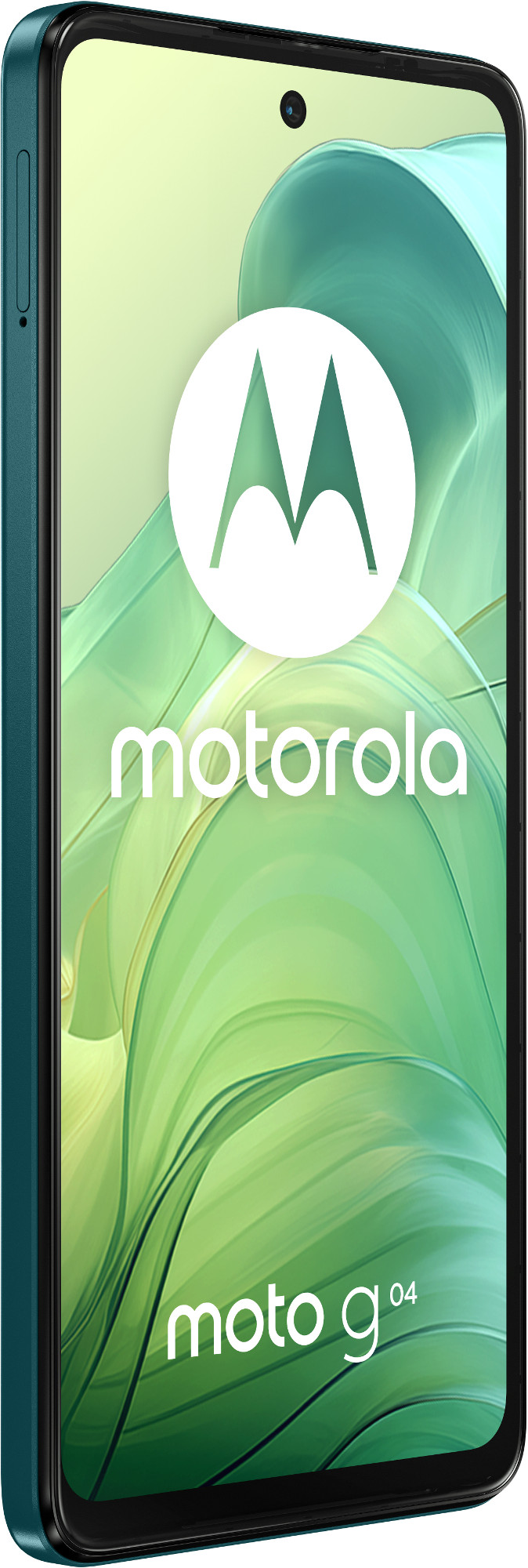Turkusowy smartfon Motorola Moto G04. Ekran wyświetla zielony abstrakcyjny wzór z logo Motorola.