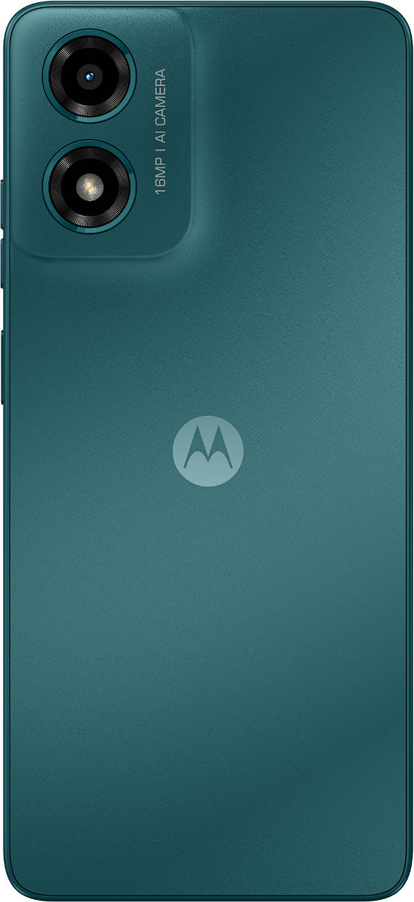 Zielony tył telefonu z potrójnym aparatem i logo Motorola. Na białej powierzchni.
