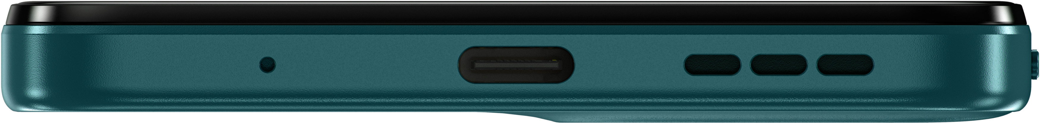 Tył turkusowego telefonu. Port USB-C, głośnik i otwory mikrofonu. Czarna ramka.