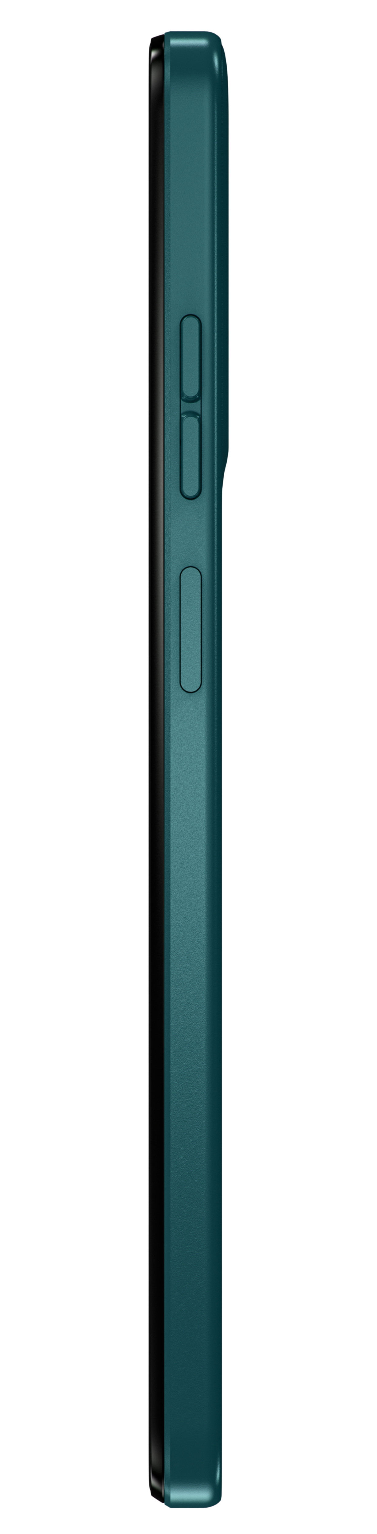 Widok z boku na turkusowe etui na telefon. Ma przyciski i jest na białym tle.