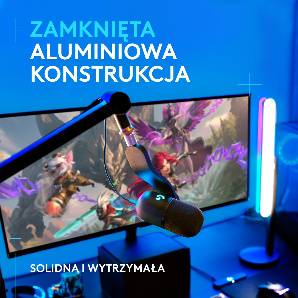 Konfiguracja do gier z mikrofonem i monitorem wyświetlającym grafikę gier, podświetlona niebieskim światłem. Solidna i trwała konstrukcja.