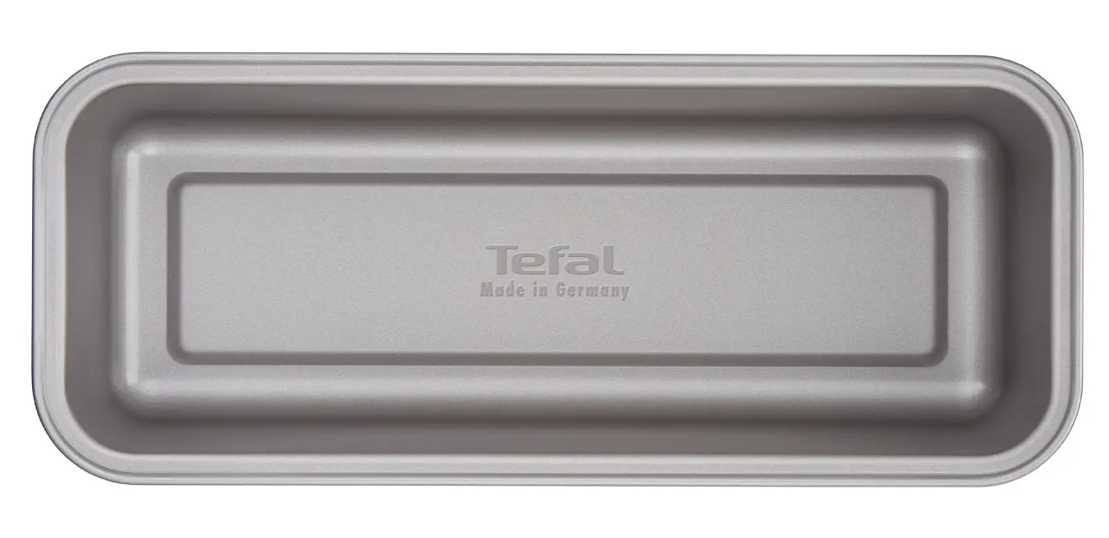 Prostokątna, srebrna forma do pieczenia, widok z góry. Marka to 'Tefal'.