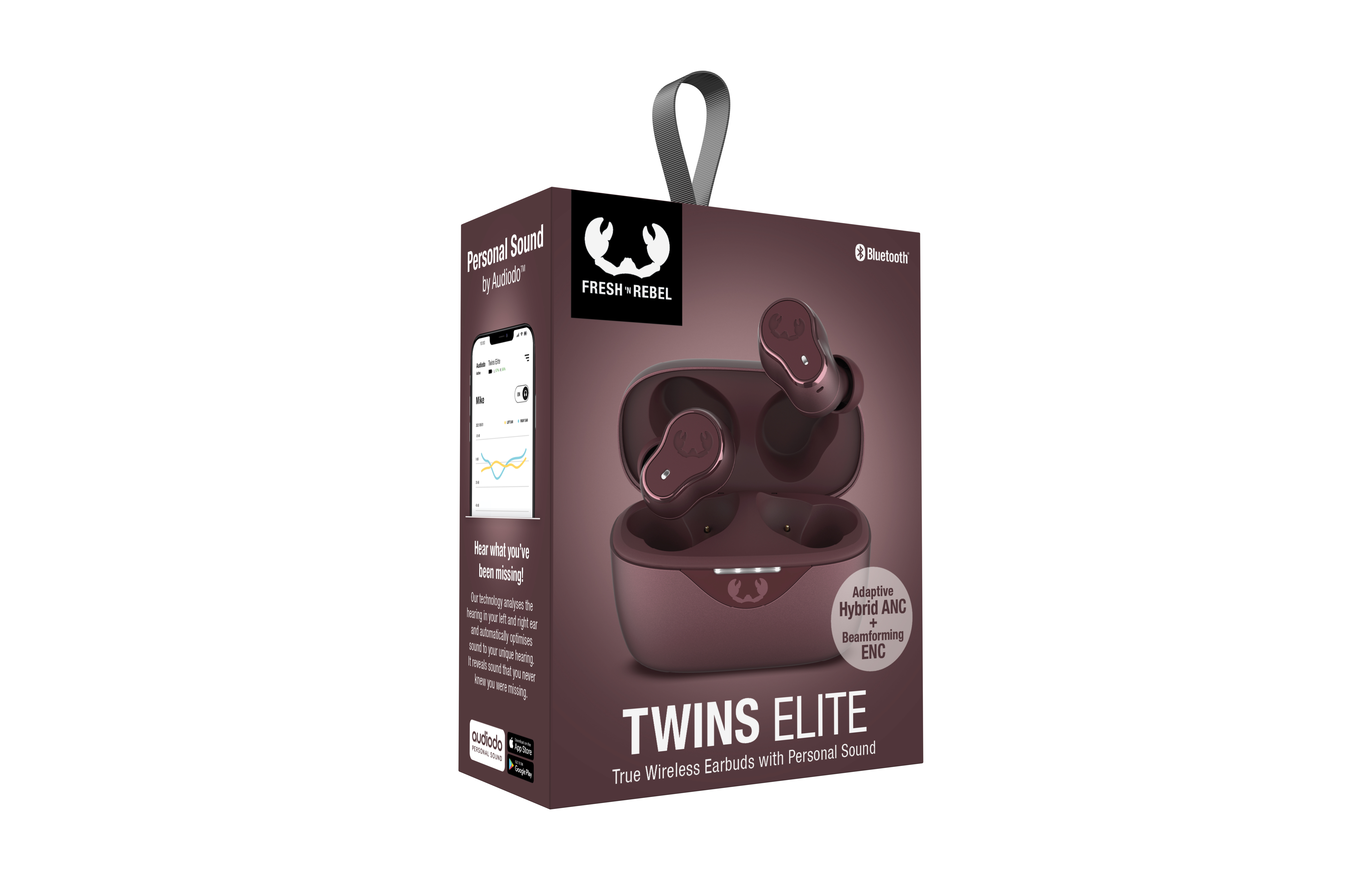 İçinde kulaklıklar bulunan Fresh 'n Rebel Twins Elite kulaklık kutusu.