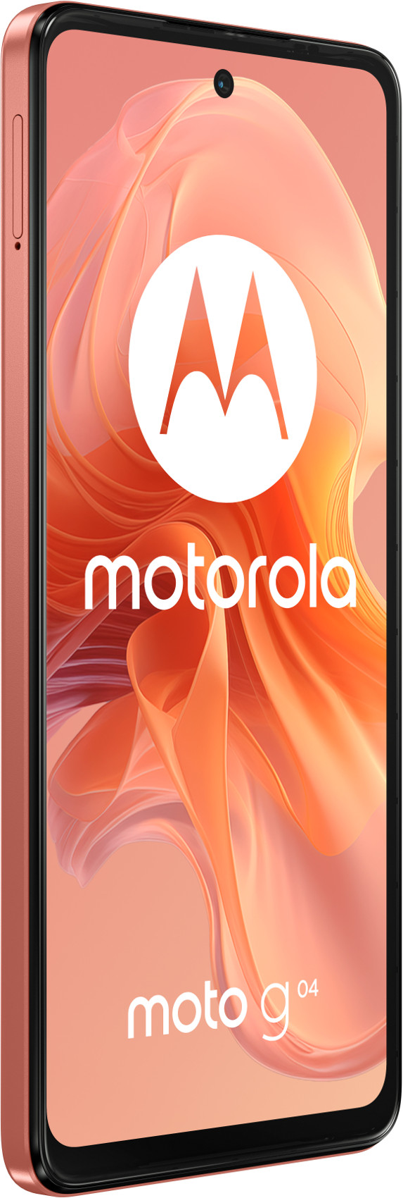 Koralowy telefon Motorola z dużym białym logo i tekstem 'moto g⁴'.