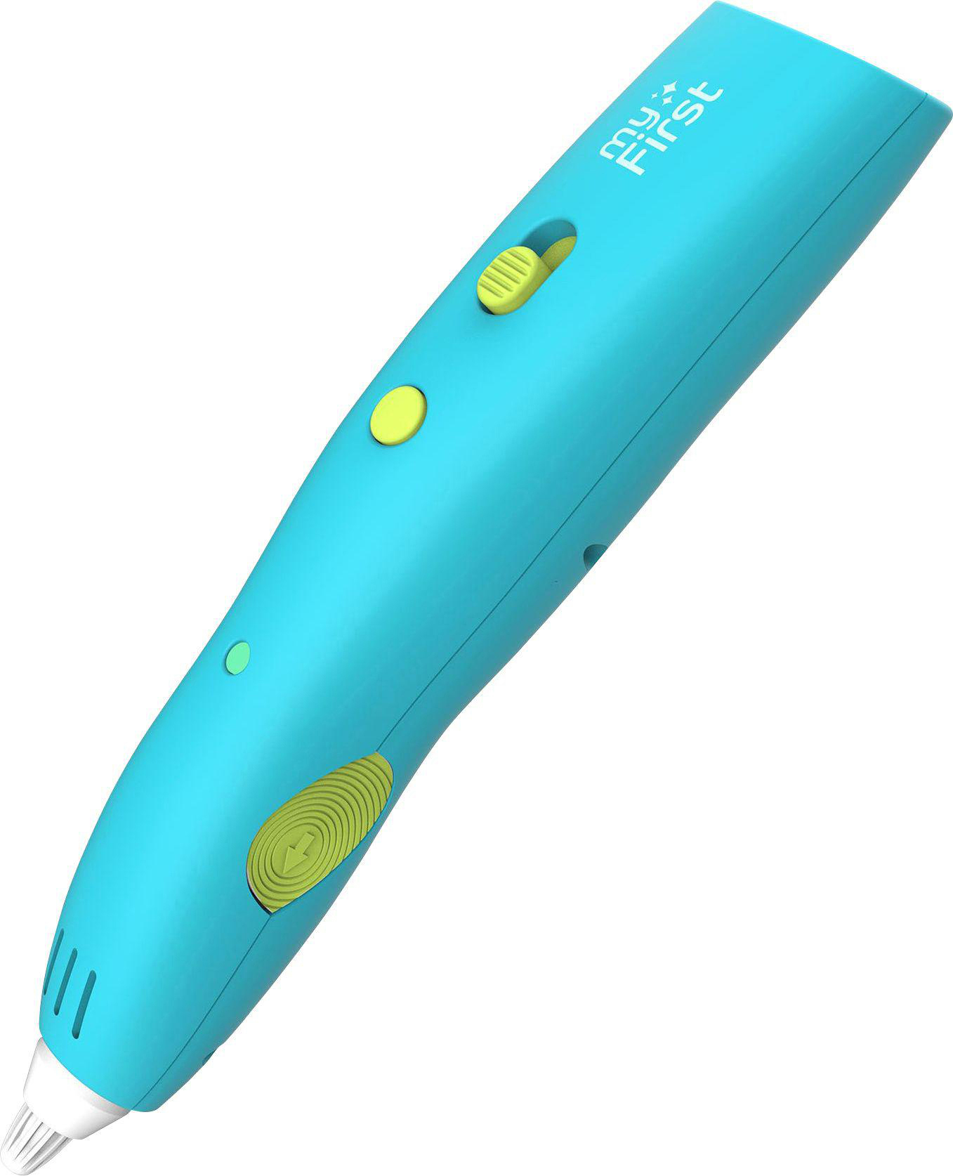 Ein türkisblauer 3D-Stift mit gelben Knöpfen, weißer Spitze und dem Schriftzug 'my First'.