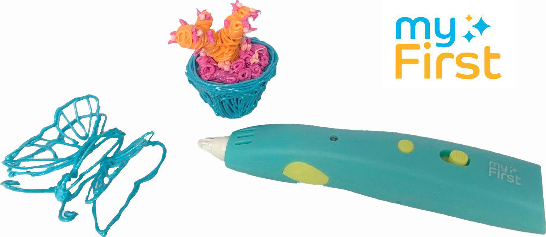Ein 3D-Stift und Kunst damit. Ein blauer Stift, ein Schmetterling und ein Korb mit Blumen, hergestellt mit diesem Stift.