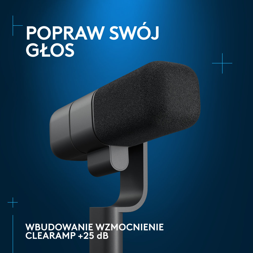 Czarny mikrofon z czarną piankową osłoną, na statywie, na niebieskim tle z białym tekstem.