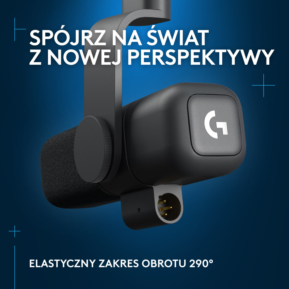 Czarny mikrofon na stojaku z logo. Niebieskie tło, polski tekst o perspektywie.