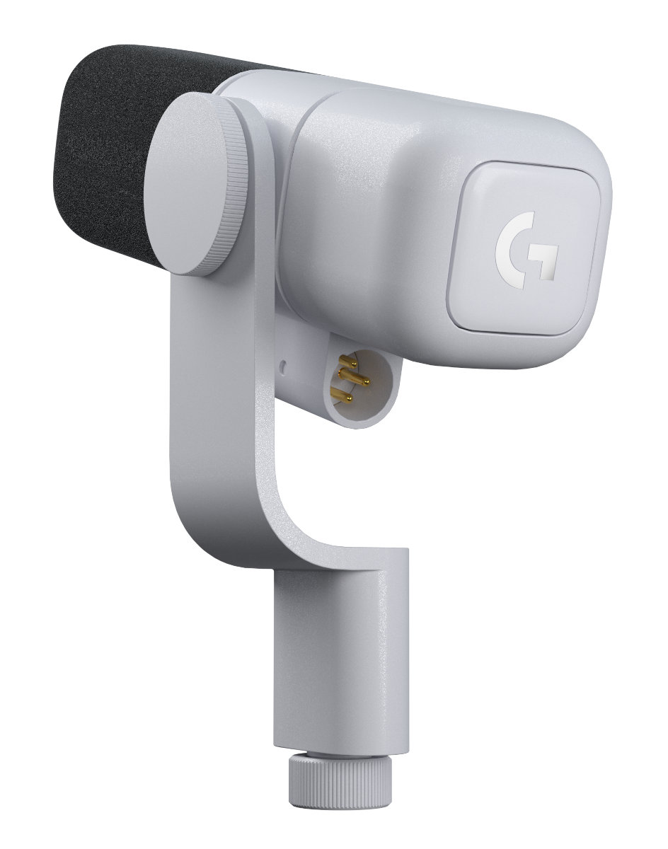 Zbliżenie białego mikrofonu z czarną piankową osłoną.