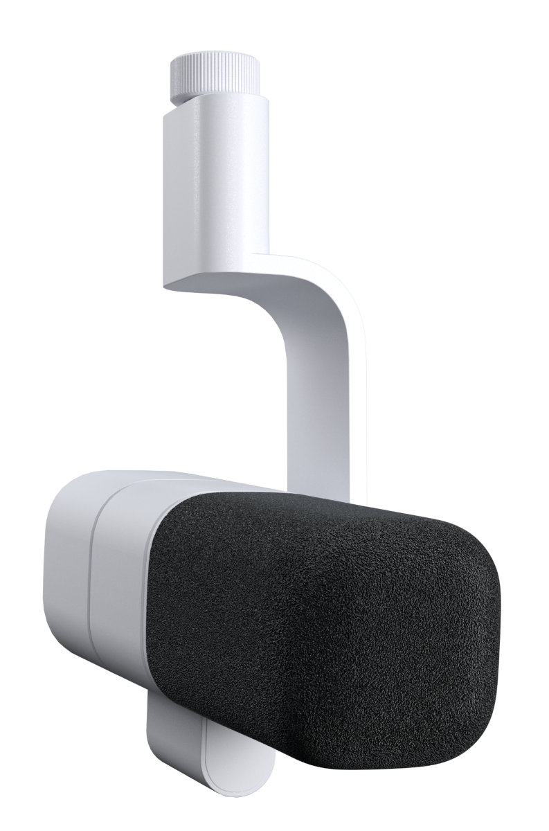 Biały mikrofon z czarną piankową głowicą, zamontowany na białym statywie.