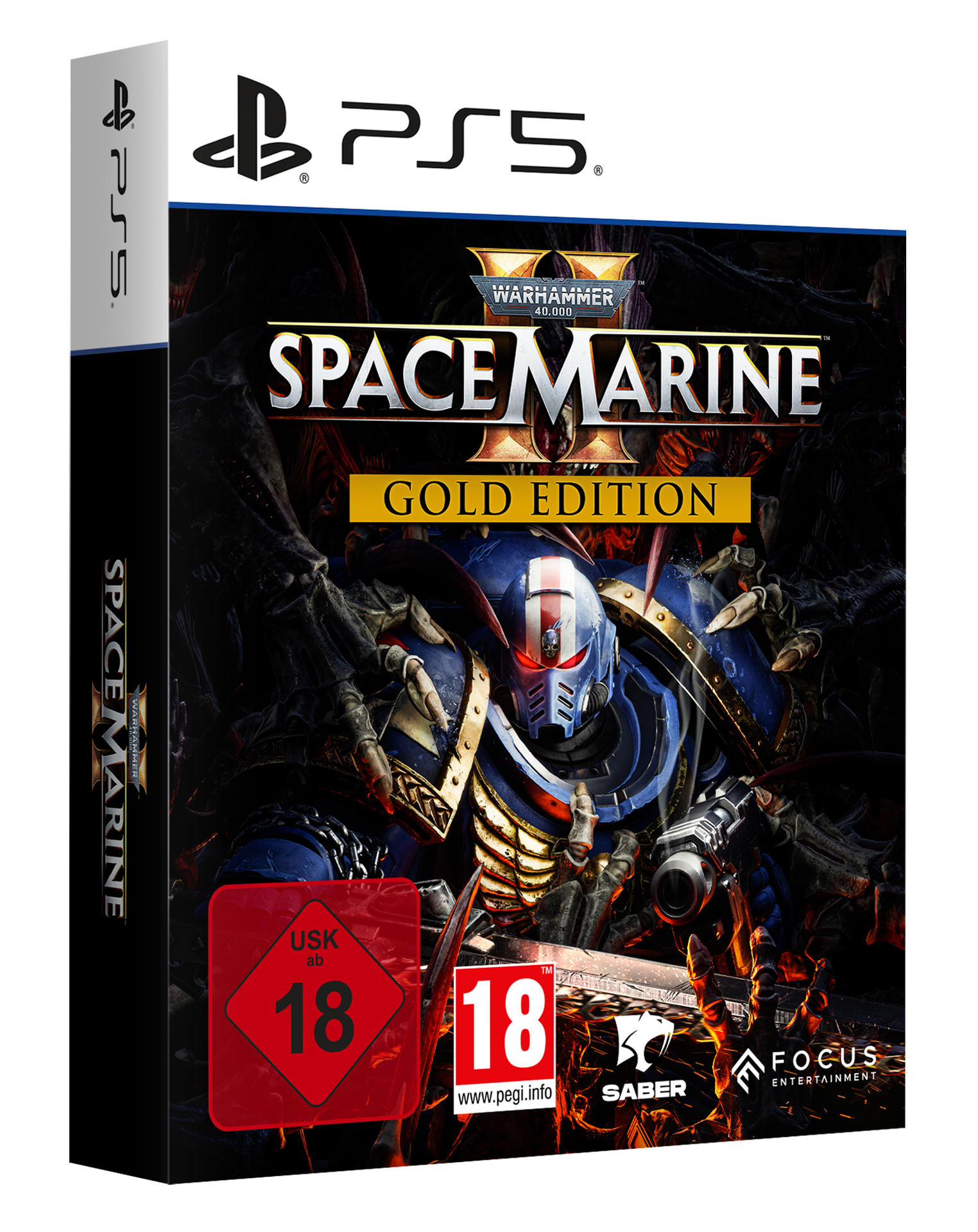 PS5-Spielverpackung. Soldat in goldener Rüstung, Logo, Schriftzug 'Space Marine Gold Edition'.