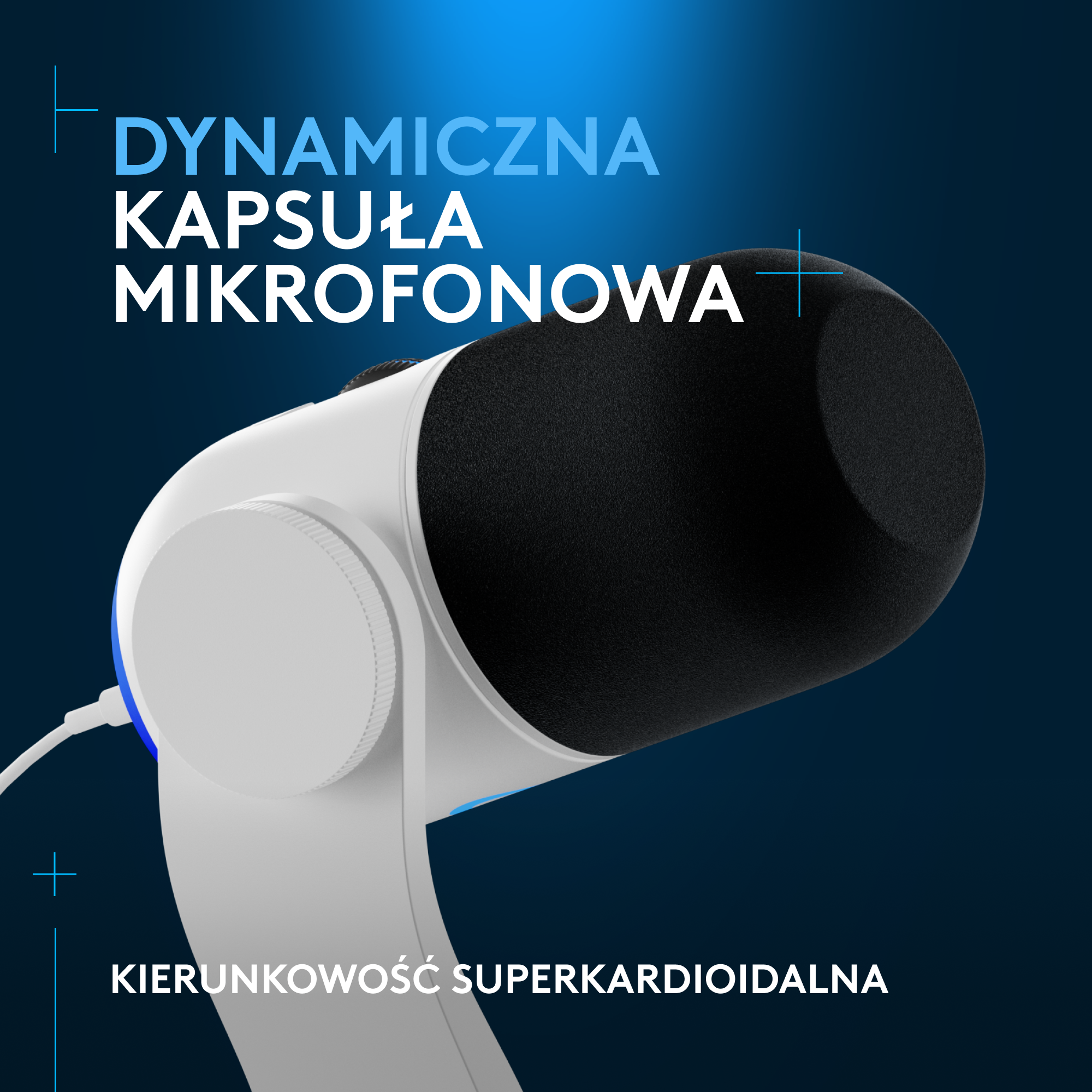 Biały mikrofon z czarną siatką. Niebieskie akcenty i tekst w języku polskim.