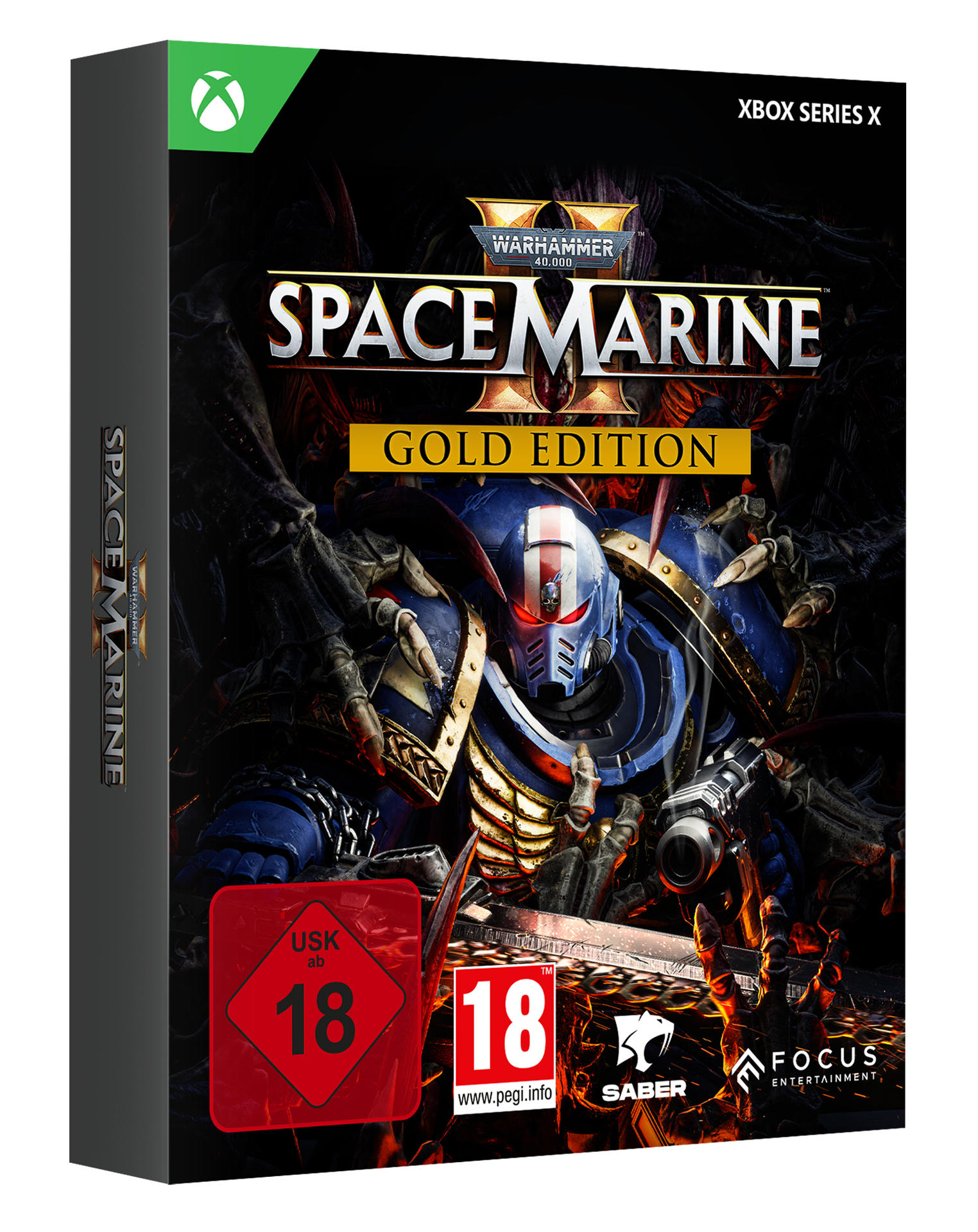 Warhammer 40.000: Space Marine 2 Gold Edition Spielbox. Mit einem Space Marine.