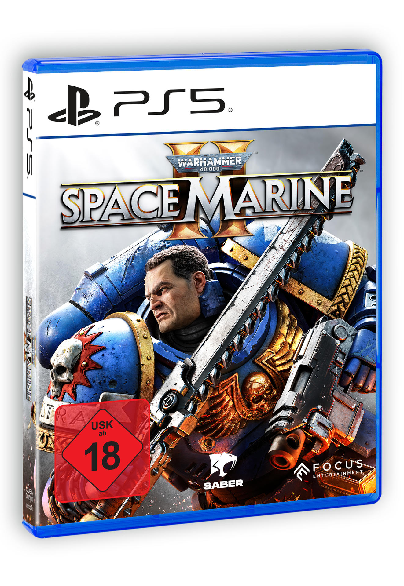 PS5-Spielverpackung für 'Warhammer 40.000: Space Marine 2'. Zeigt einen Space Marine mit Waffe.