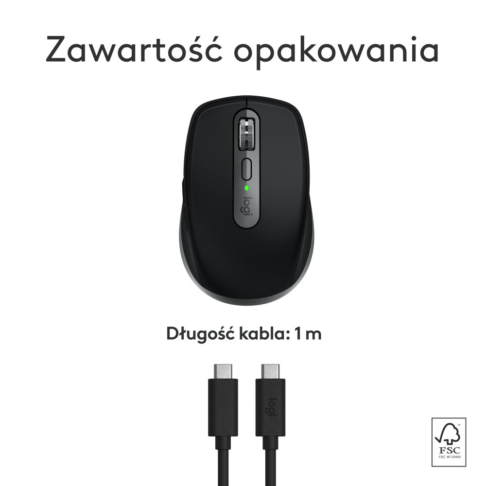 Czarna mysz i dwa czarne kable USB-C. Białe tło. Zawartość opakowania.