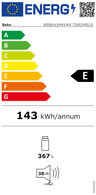 Egy hűtőszekrény energia címkéje, amely az E energiahatékonysági osztályt mutatja.