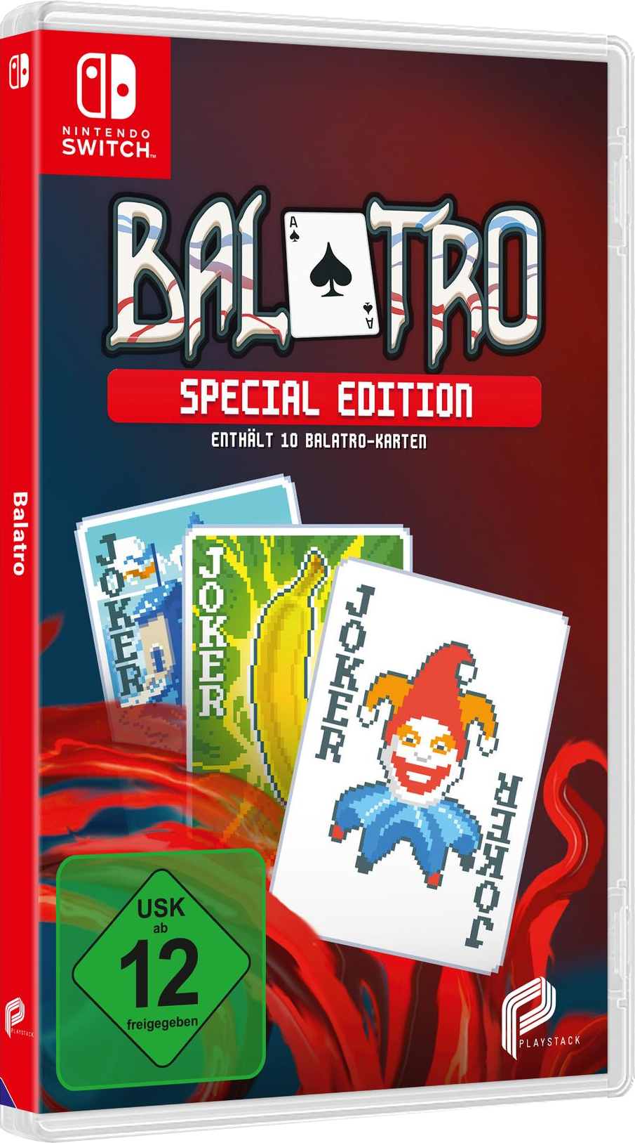 Nintendo Switch-Spielverpackung für 'Balatro: Special Edition'. Spielkarten und Joker-Karten.