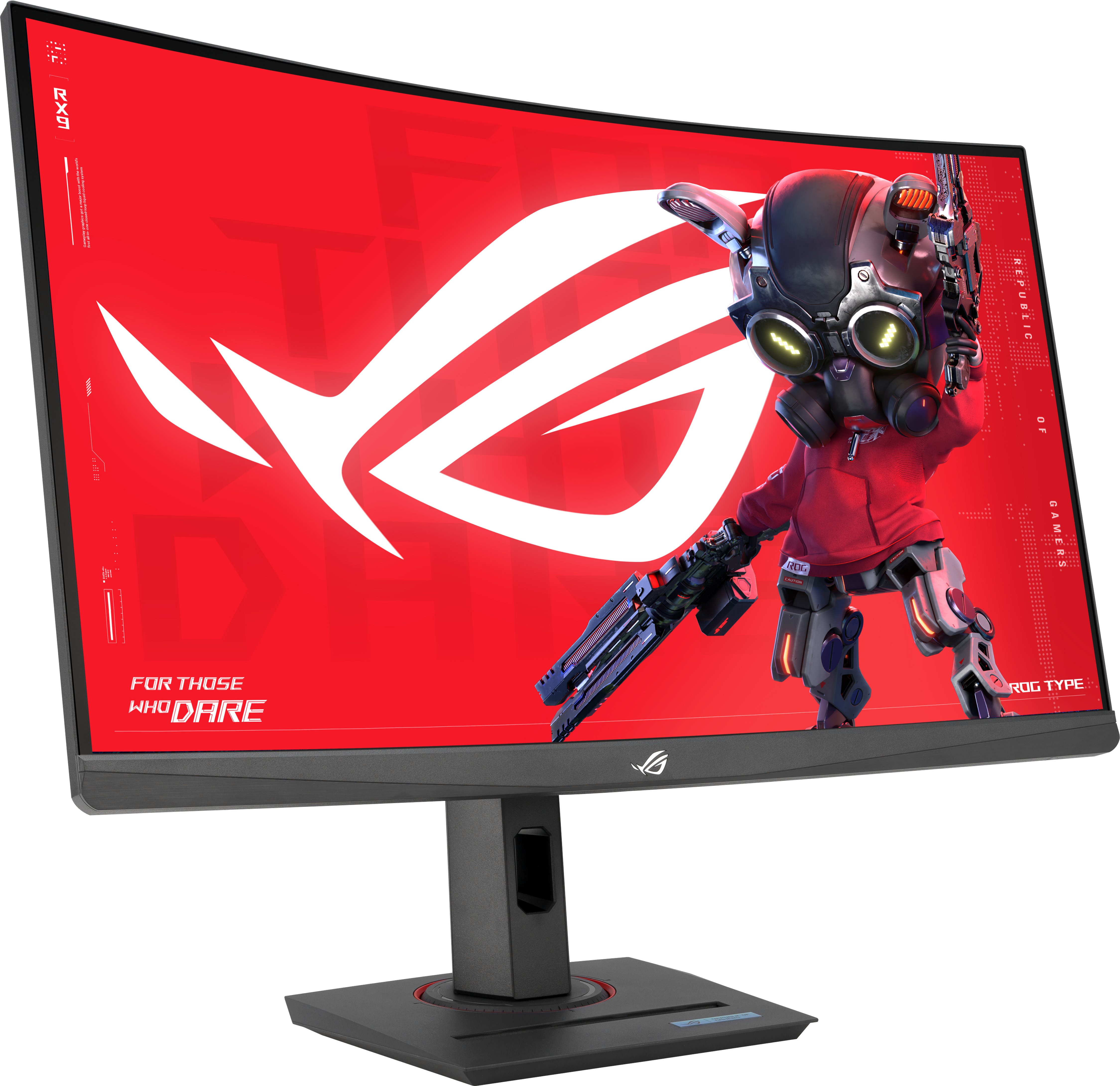 Gebogener Gaming-Monitor, Figur hält Waffe, roter Hintergrund.