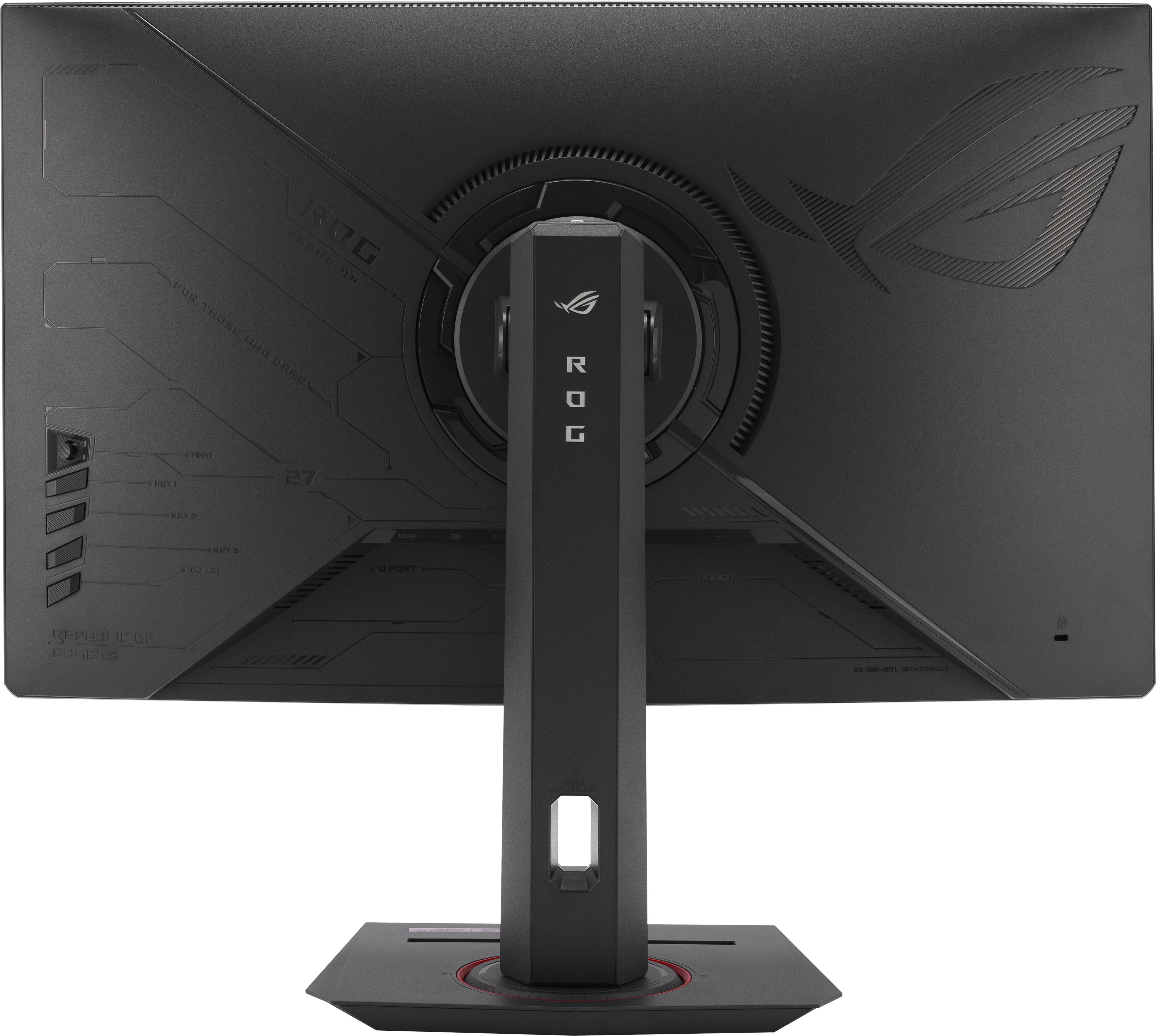 Rückseite eines schwarzen ROG-Gaming-Monitors mit Ständer.