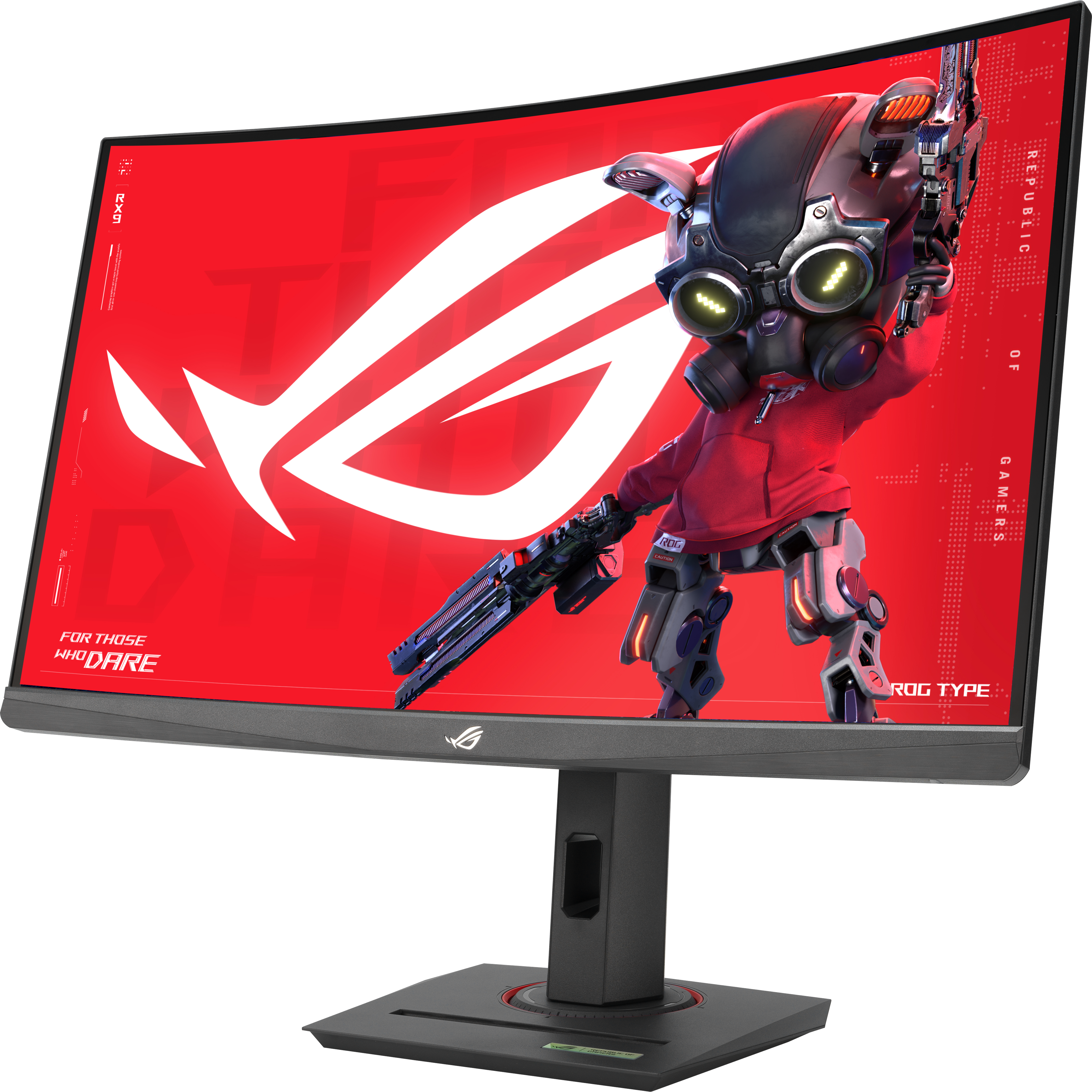 Gebogener Gaming-Monitor. Figur auf dem Bildschirm mit rotem Hintergrund. Schwarzer Ständer.