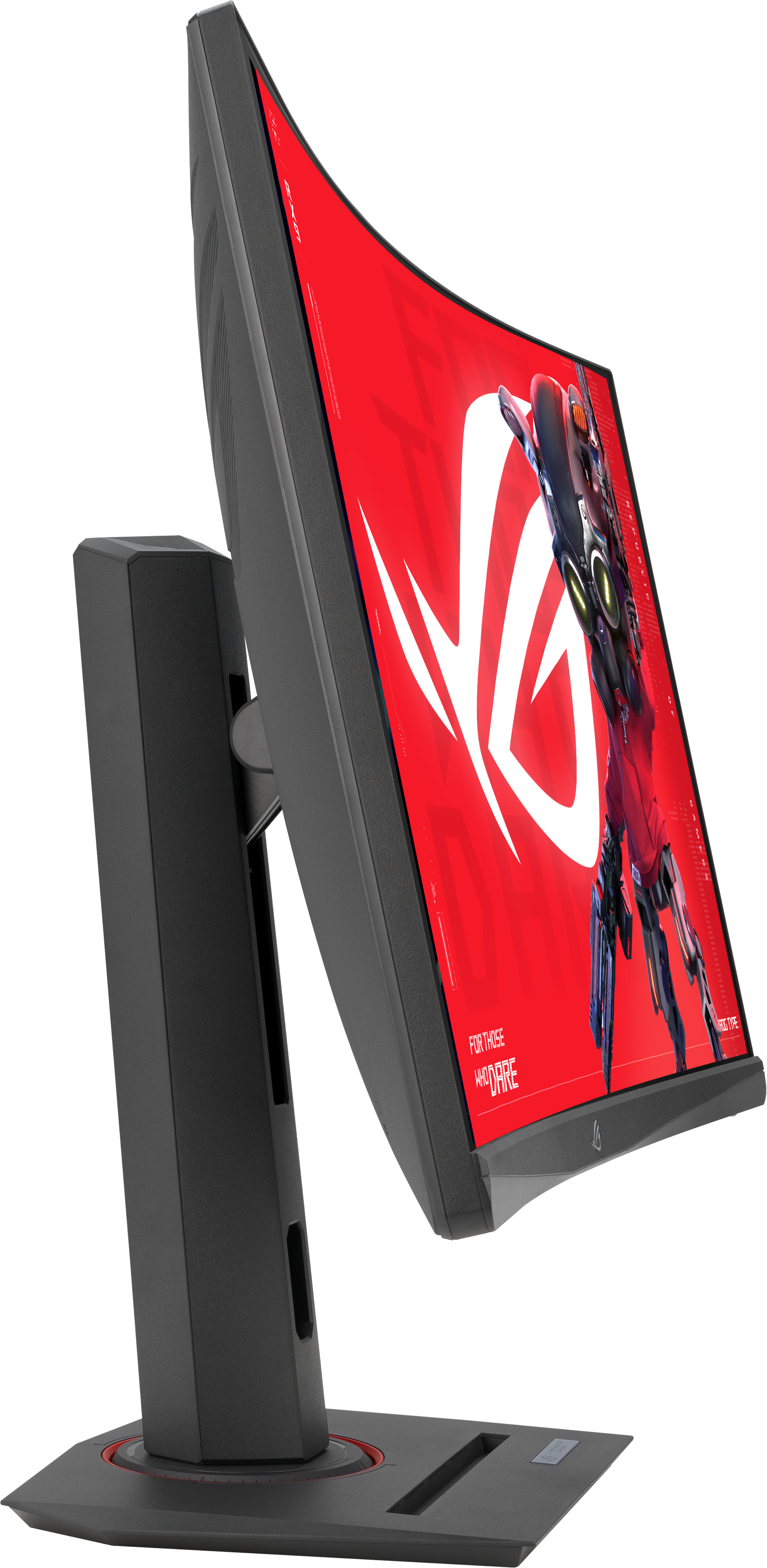 Gebogener Gaming-Monitor mit roten Details, Seitenansicht, ROG-Logo, FreeSync, roter Hintergrund.