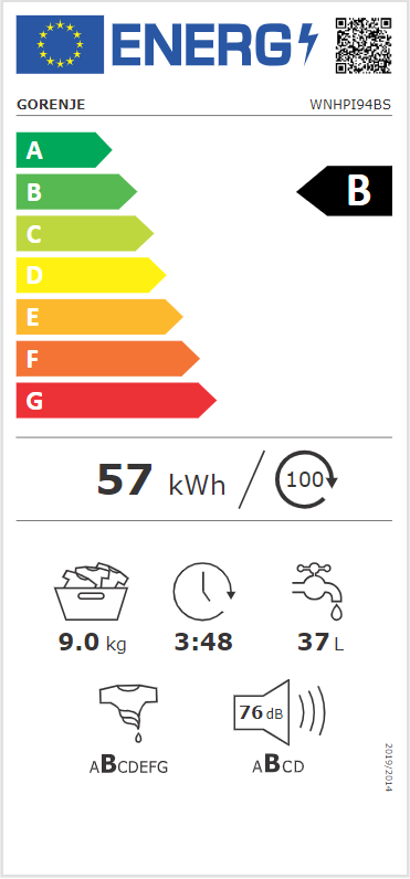 Energia címke A-G besorolással, egy mosógép energiahatékonyságát mutatja. További részletek.