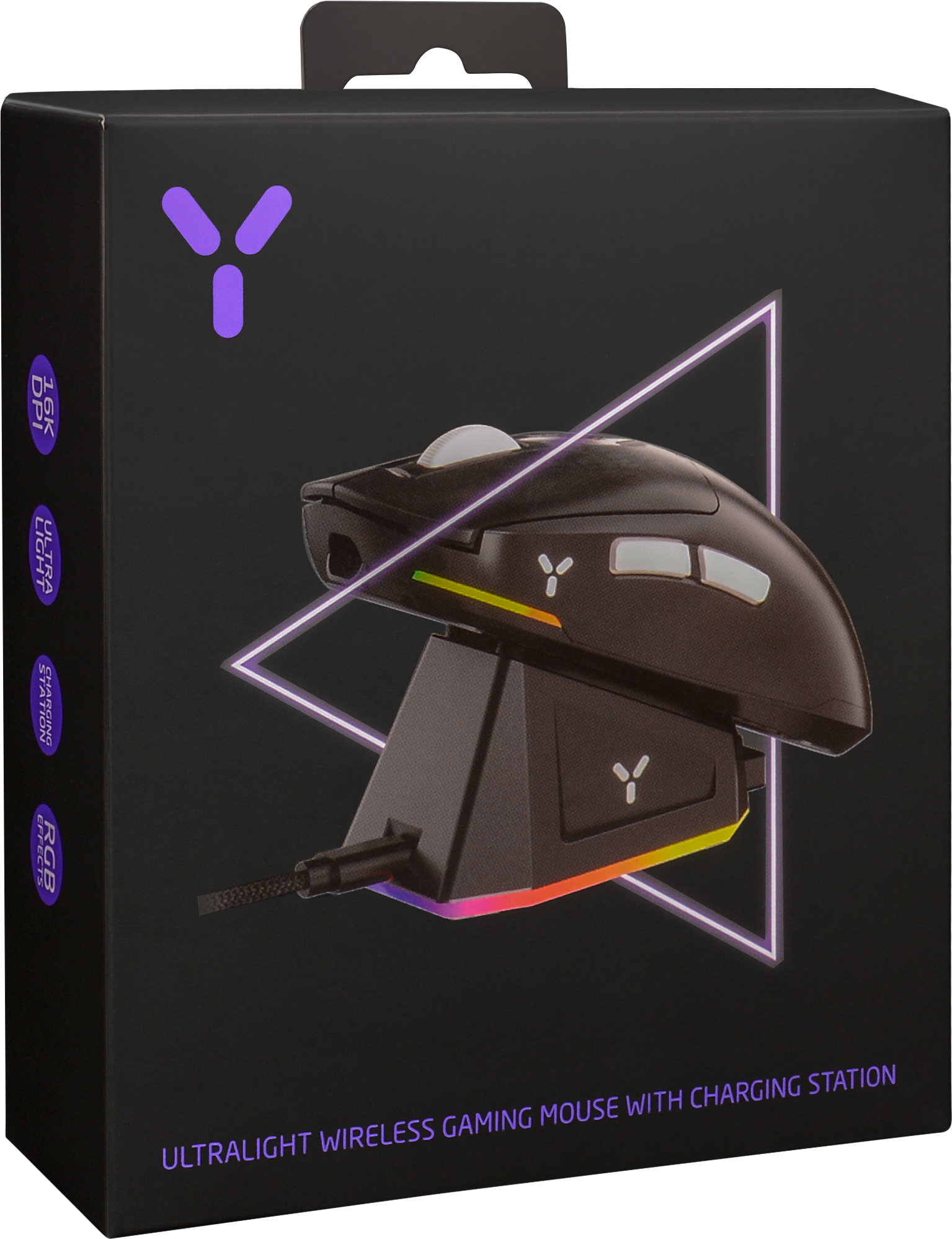 Gaming-Maus mit Ladestation, schwarze Box mit Neon-Akzenten.