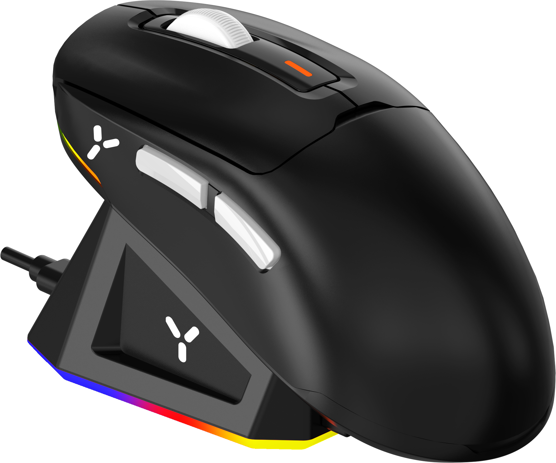 Eine schwarze Gaming-Maus mit mehreren Tasten und RGB-Beleuchtung.