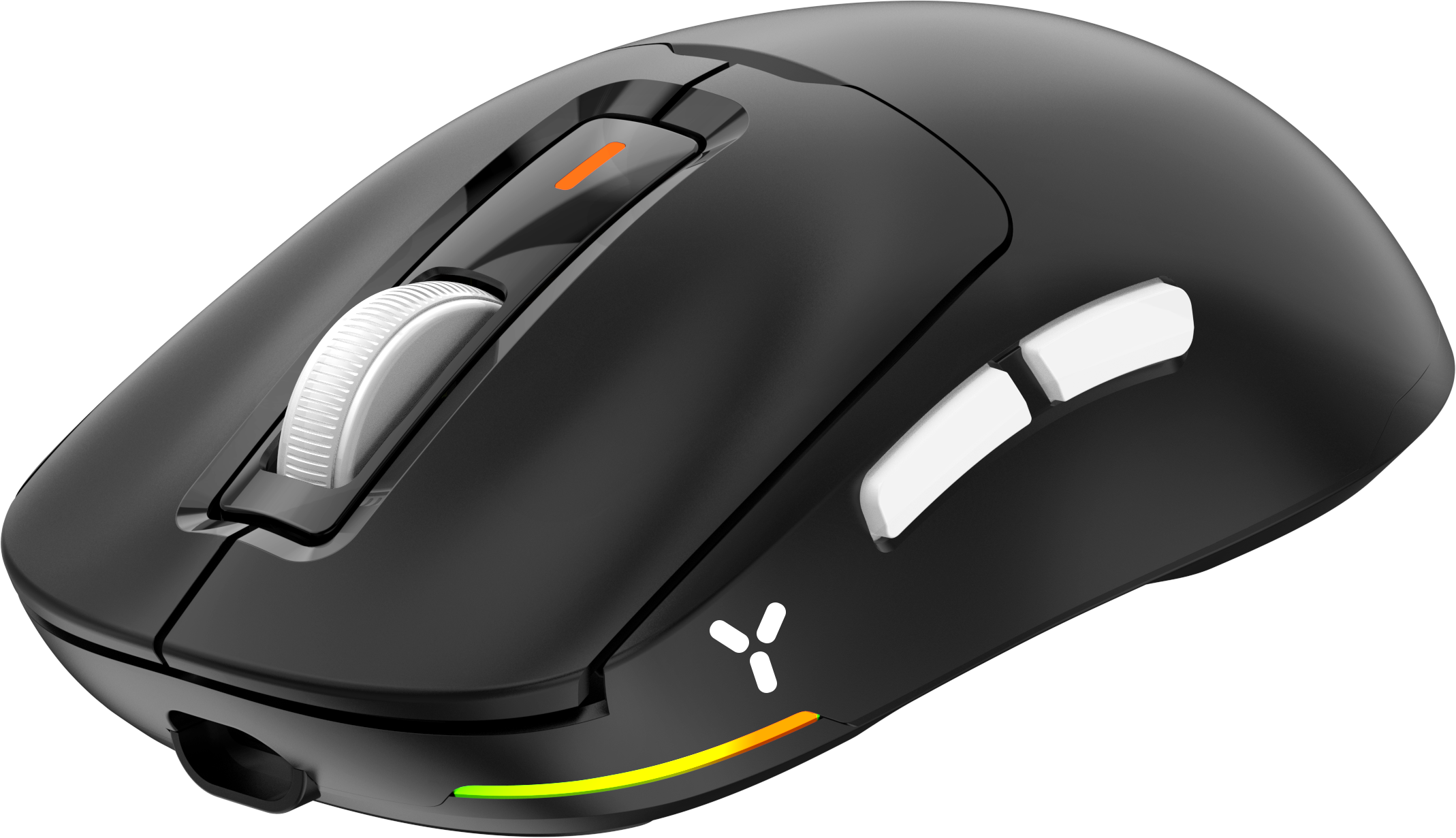 Schwarze, kabellose Gaming-Maus mit Scrollrad und Seitentasten.