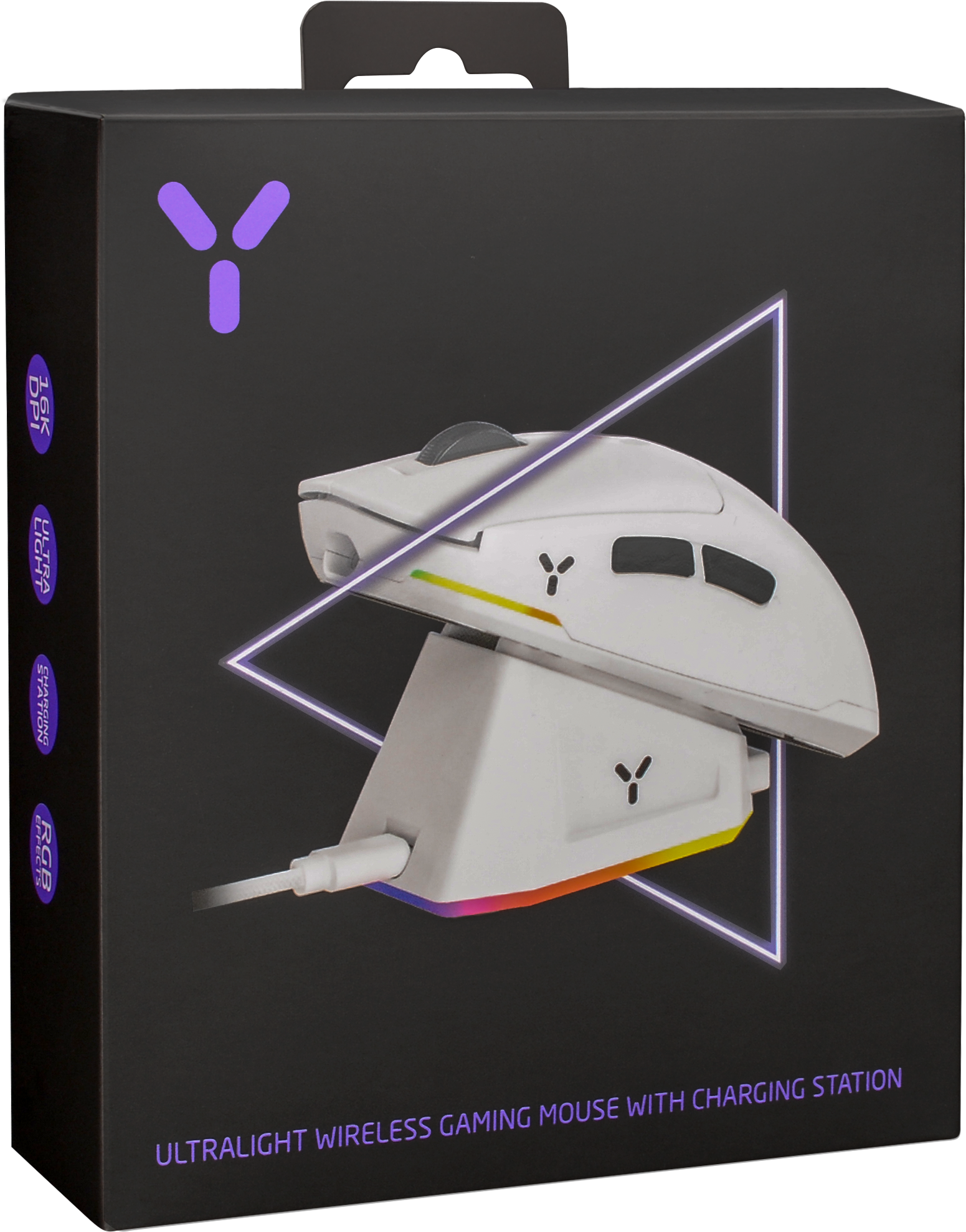 Eine weiße, kabellose Gaming-Maus mit Ladestation, in einer Box.
