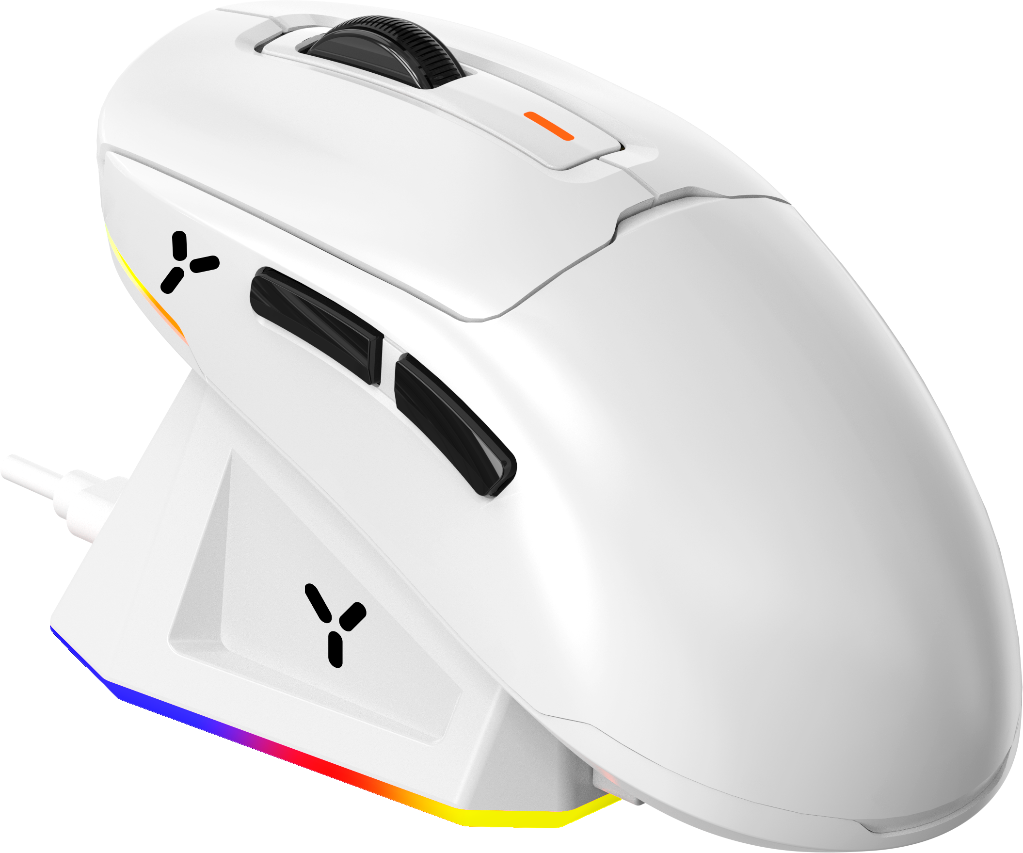 Weiße Gaming-Maus mit schwarzen Tasten, einem Scrollrad und einer Ladestation mit RGB-Beleuchtung.