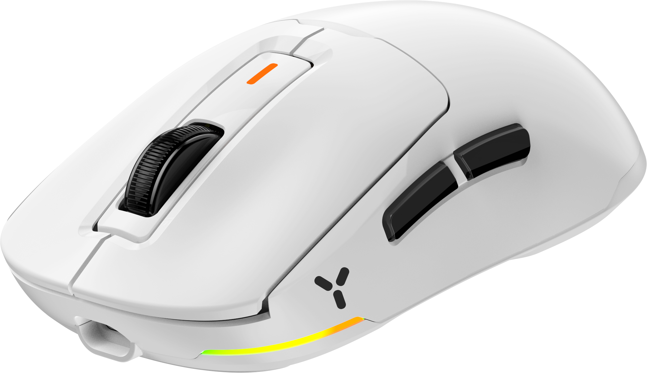 Weiße kabellose Gaming-Maus mit schwarzem Scrollrad und Tasten.
