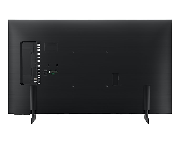 Die Rückseite eines schwarzen Fernsehers mit Anschlüssen und Ständer.