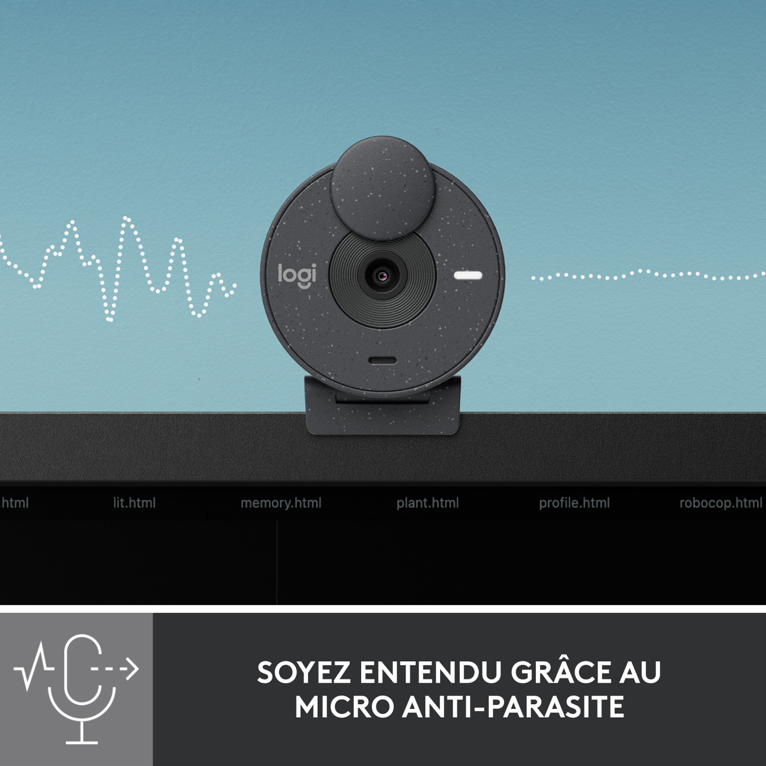 Une webcam noire avec un microphone, avec une onde sonore et du texte affichés.