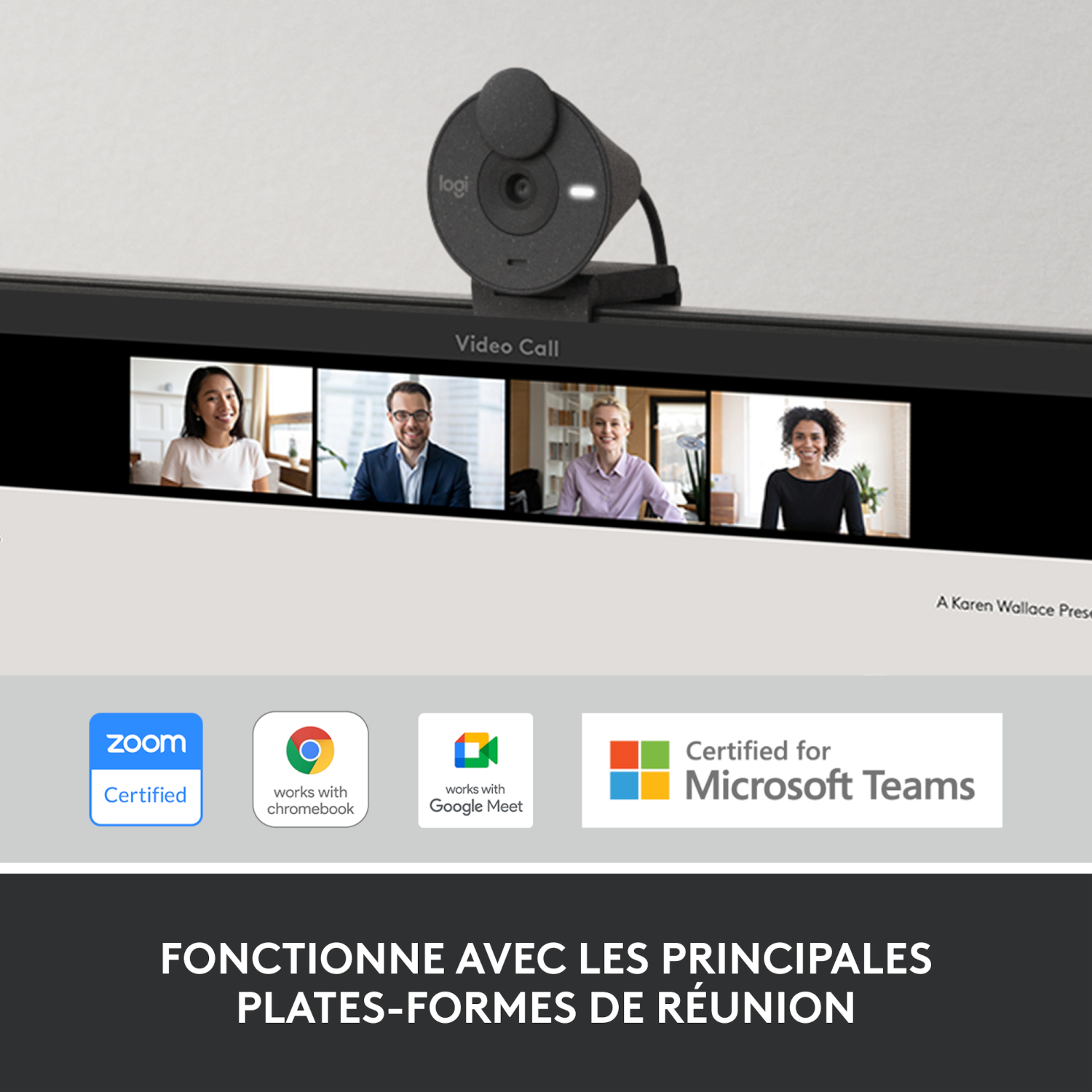 Webcam Logi sur un écran affichant un appel vidéo.